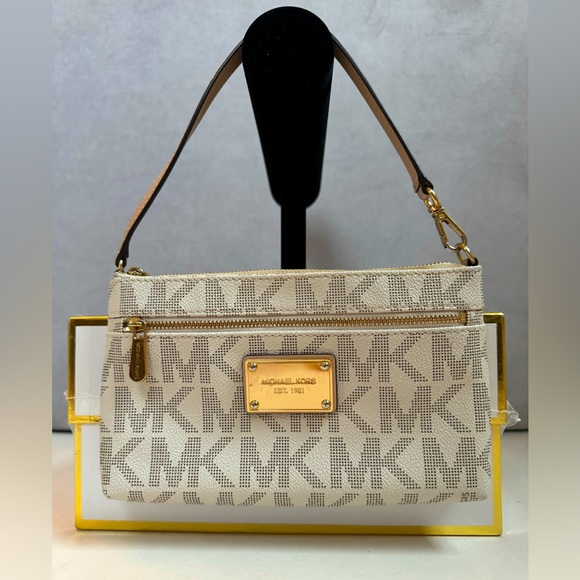 Michael Kors Signature Monogram Wristlet Cream Gold Leather Wallet - Picture 1 of 16